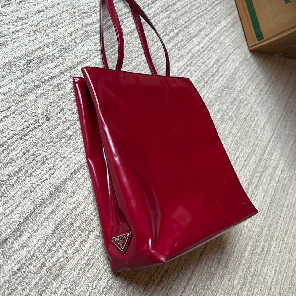 Authentic red leather Prada tote bag